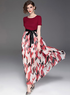 Trendy Splicing Bowknot Gathered Waist Maxi Dress