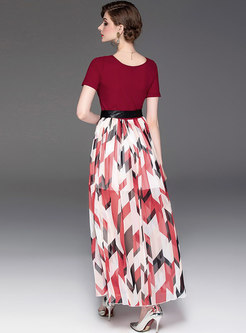 Trendy Splicing Bowknot Gathered Waist Maxi Dress