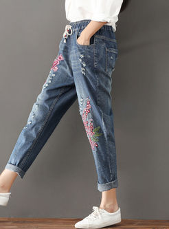 Stylish Elastic Waist Tied Embroidered Jeans