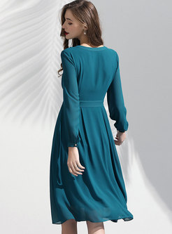 Solid Color Long Sleeve High Waist A-line Dress