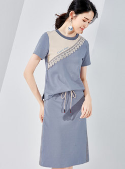 Casual Color-blocked O-neck T-shirt & Tie-waist Slim Skirt