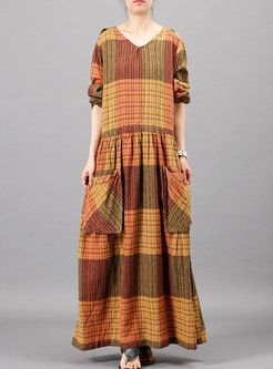 Vintage Plaid V-neck Pocket Loose Dress