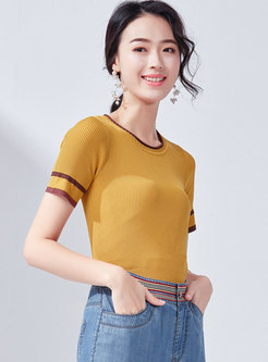 Color-blocked O-neck Short Sleeve Slim Knitted Top