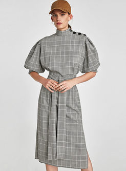 Vintage Ruffled Sleeve Plaid Slit Dress