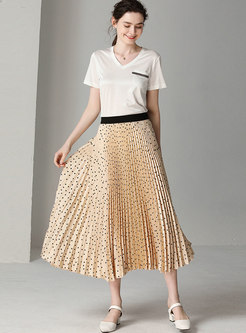 Polka Dot Elastic Waist Hem Pleated Skirt