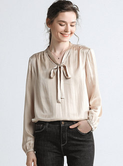 Brief Solid Color Silk Bowknot Blouse