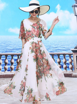 Stylish Print Ruffle Sleeve Chiffon Beach Maxi Dress