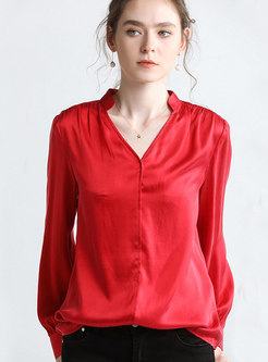 V-neck Red Silk Pullover Blouse