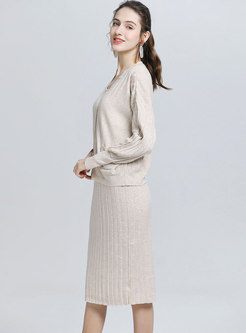 Solid Color Knitted Slim Two-piece Dresses