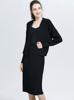 Brief Solid Color Knitted Coat & Sheath Skirt
