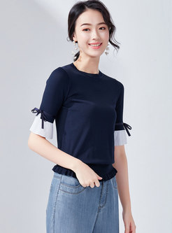 Color-blocked O-neck Flare Sleeve Knitted Top