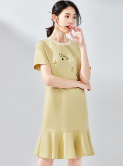 Casual Letter Embroidered O-neck Mermaid Dress