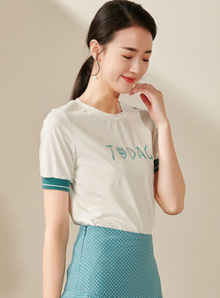 Casual Embroidered O-neck Slim T-shirt