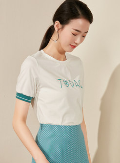 Casual Embroidered O-neck Slim T-shirt