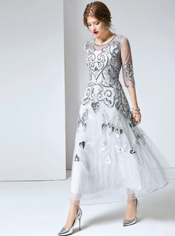 Chic Party Mesh Embroidered Slim Maxi Dress