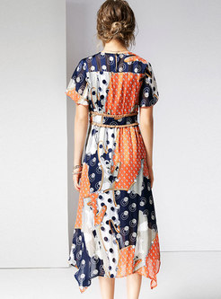 Stylish Print Gathered Waist Asymmetric Dress