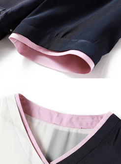 Color-blocked Print V-neck Tie-waist A Line Dress