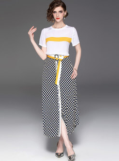 Color-blocked O-neck T-shirt & Plaid Belted Slit Skirt