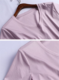 Solid Color Cotton V-neck T-shirt