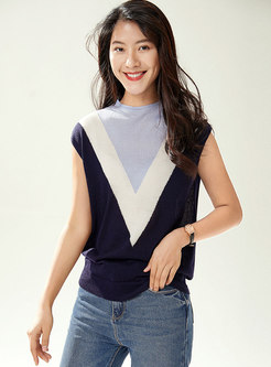 Stylish Color-blocked Short Sleeve Pullover Sweater