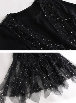 Black T-Shirt & Asymmetric Falbala Sequined Braces Skirt 