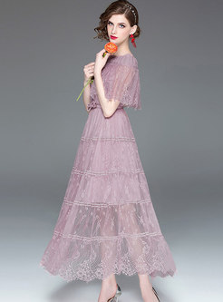 Solid Color Hollow Out Lace Slash Neck Maxi Dress