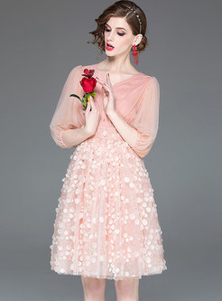 Tassel Feather Lace Mesh Pink Splicing Ball Gown Dress