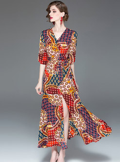 Bohemia V-neck Multicolor Print Split Maxi Dress