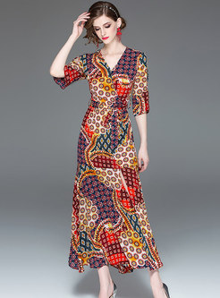 Bohemia V-neck Multicolor Print Split Maxi Dress
