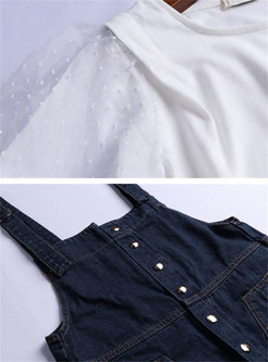 Stylish Puff Sleeve Slim T-shirt & Denim Overalls