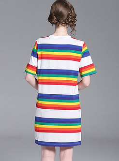 Stylish Color-blocked O-neck Print Shift Dress