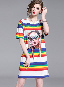 Stylish Color-blocked O-neck Print Shift Dress
