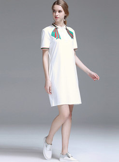 Casual Embroidered Lapel Shift T-shirt Dress