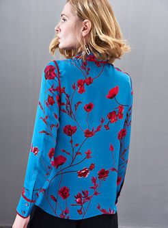 Chic Work Print Silk Turn-down Collar Blouse 