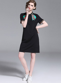 Casual Embroidered Lapel Loose T-shirt Dress