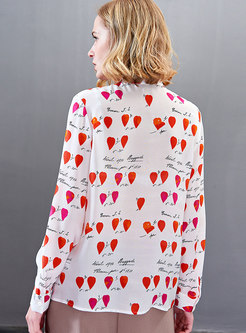 Sweet Stand Collar Letter Print Silk Blouse