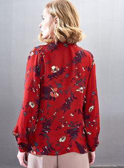 Red Print Silk Turn-down Collar Casual Blouse
