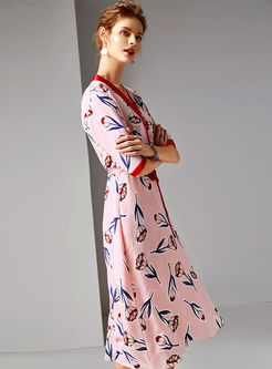 V-neck Half Sleeve Print Silk Dress