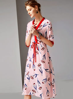 V-neck Half Sleeve Print Silk Dress