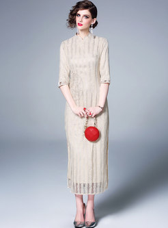 Vintage Stand Collar Embroidered Sheath Maxi Dress
