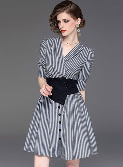 Stylish V-neck Striped Waist Mini Dress