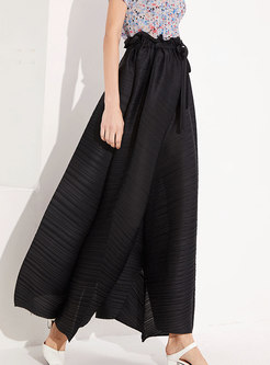 Casual Brief Black Belted Wide Leg Pants 
