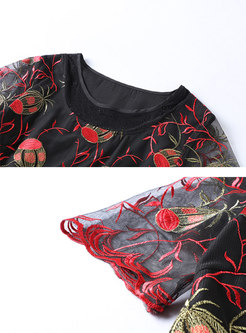 Chic Mesh Embroidered O-neck Slim Skater Dress