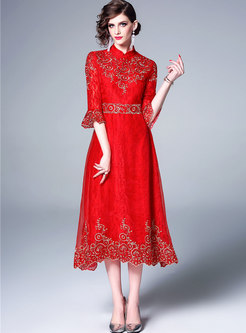 Stand Collar Flare Sleeve Embroidered A Line Dress