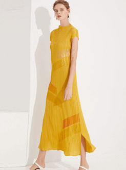 Trendy Hand-painted Pleated O-neck Maxi Dress