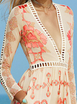 Boho Deep V-neck Lace Print Openwork Maxi Dress