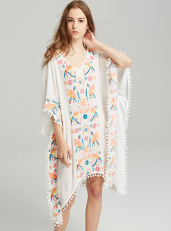 Embroidered Tied Tassel Ethnic Shift Dress
