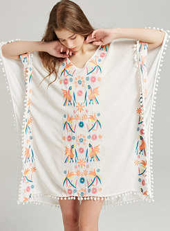 Embroidered Tied Tassel Ethnic Shift Dress