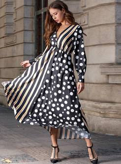 Polka Dots Splicing Striped Deep V-neck Maxi Dress