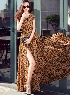 Bohemian V-neck Big Hem Leopard Maxi Dress